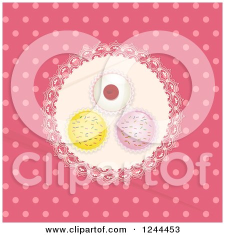 Clipart of an Aerial View of Cupcakes on a Doily over Distressed Pink Polka Dots - Royalty Free Vector Illustration by elaineitalia