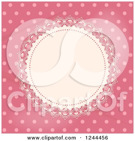 Clipart of a Round Lace Doily over Pink Polka Dots - Royalty Free Vector Illustration by elaineitalia