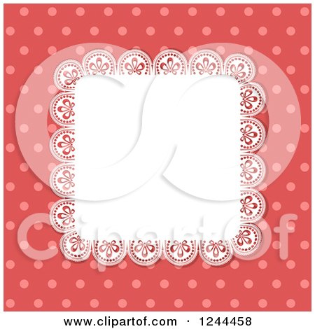 Clipart of a Square Lace Doily over Red Polka Dots - Royalty Free Vector Illustration by elaineitalia