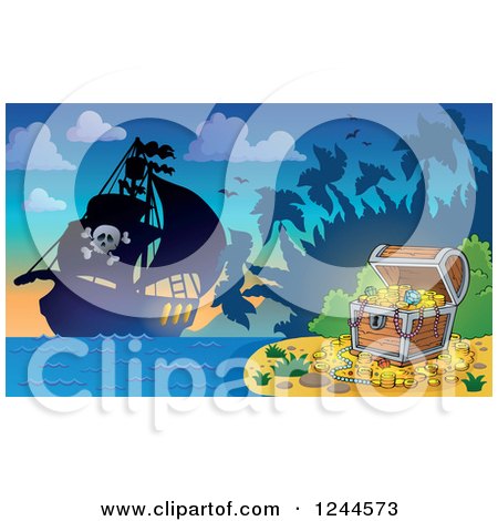 Clipart of a Pirate Ship at Dusk, with a Treasure Chest on an Island - Royalty Free Vector Illustration by visekart