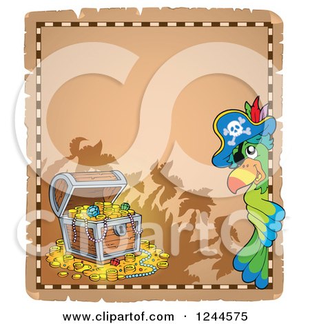 Clipart of a Pirate Parrot with a Treasure Chest on a Parchment Page - Royalty Free Vector Illustration by visekart