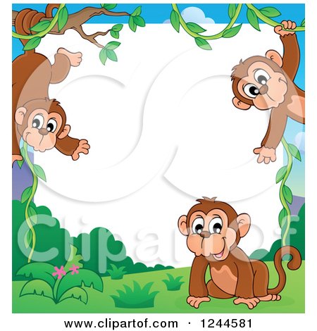 Clipart of a Border of Playful Monkeys and White Text Space - Royalty Free Vector Illustration by visekart