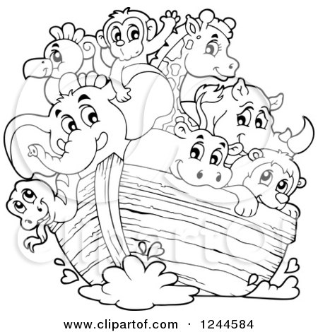 Clipart of Black and White Cute Happy Animals on Noahs Ark - Royalty Free Vector Illustration by visekart