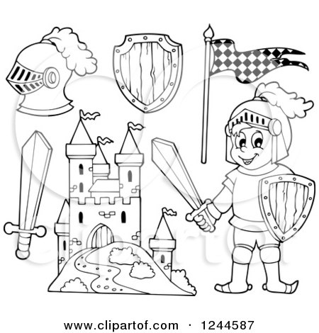 Clipart of a Black and White Happy Knight Boy with Gear and a Castle - Royalty Free Vector Illustration by visekart