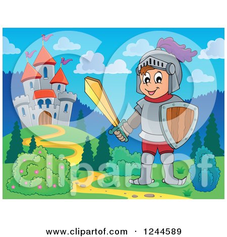 Clipart of a Happy Knight Boy near a Castle - Royalty Free Vector Illustration by visekart