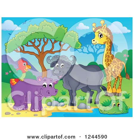 Clipart of a Happy African Bull Giraffe Crocodile Hippo and Parrot at a Watering Hole - Royalty Free Vector Illustration by visekart
