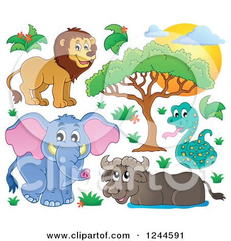 Clipart of a Sunset and African Animals - Royalty Free Vector Illustration by visekart