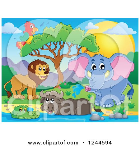 Clipart of a Group of Happy African Animals at a Watering Hole at Sunset - Royalty Free Vector Illustration by visekart