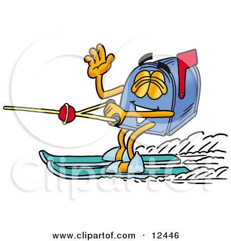 Clipart Picture of a Blue Postal Mailbox Cartoon Character Waving While Water Skiing by Mascot Junction