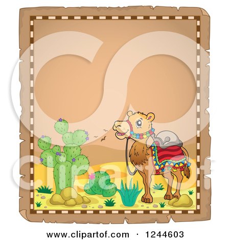 Clipart of a Saddled Camel in a Desert on a Parchment Page - Royalty Free Vector Illustration by visekart