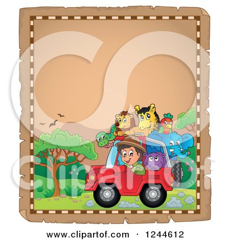 Clipart of a Happy Safari Boy Driving a Jeep Full of Animals on a Parchment Page 2 - Royalty Free Vector Illustration by visekart