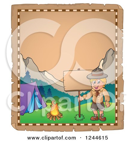 Clipart of a Happy Camping Boy Scout by a Sign on an Old Parchment Page - Royalty Free Vector Illustration by visekart