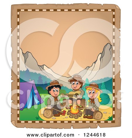 Clipart of Happy Scouts Singing Around a Camp Fire on an Old Parchment Page - Royalty Free Vector Illustration by visekart