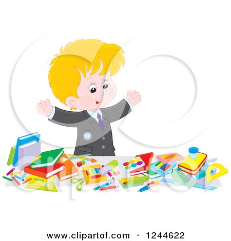 Clipart of a Blond Caucasian School Boy Displaying All of His Supplies - Royalty Free Vector Illustration by Alex Bannykh