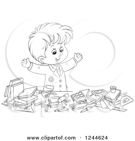 Clipart of a Black and White School Boy Displaying All of His Supplies - Royalty Free Vector Illustration by Alex Bannykh