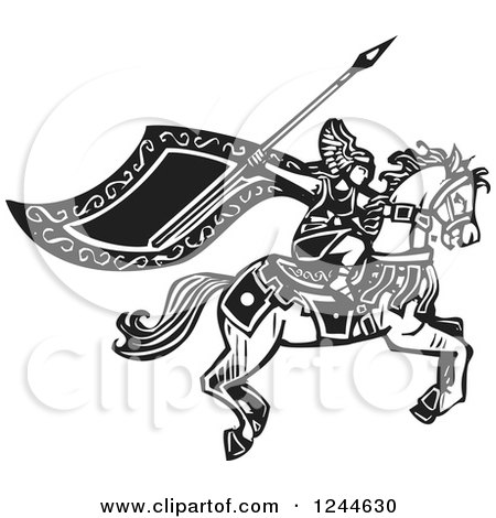 Clipart of a Black and White Woodcut Charging Horseback Viking Valkyrie - Royalty Free Vector Illustration by xunantunich