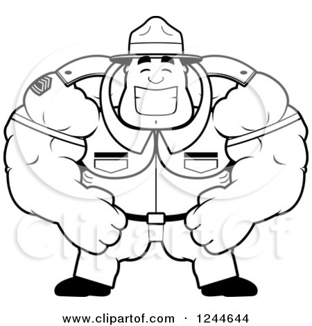 Clipart of a Black and White Brute Muscular Drill Sergeant Man Grinning - Royalty Free Vector Illustration by Cory Thoman