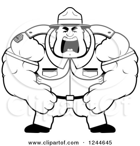 Clipart of a Black and White Brute Muscular Drill Sergeant Man Shouting - Royalty Free Vector Illustration by Cory Thoman