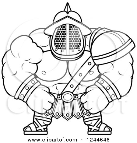 Clipart of a Black and White Brute Muscular Gladiator Man - Royalty Free Vector Illustration by Cory Thoman
