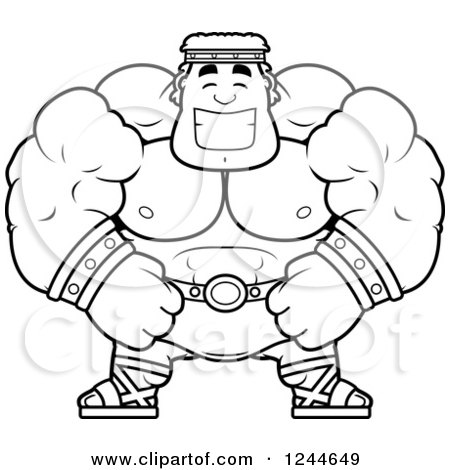 Clipart of a Black and White Brute Muscular Hercules Man Grinning - Royalty Free Vector Illustration by Cory Thoman