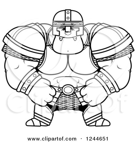 Clipart of a Black and White Mad Brute Muscular Warrior Man - Royalty Free Vector Illustration by Cory Thoman