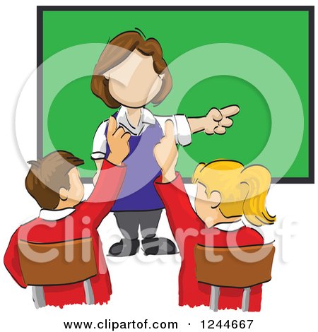Clipart of a Sketched Female Teacher and Smart Students - Royalty Free Vector Illustration by David Rey