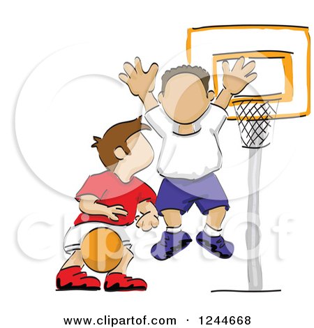 Clipart of Sketched Boys Playing Basketball - Royalty Free Vector Illustration by David Rey