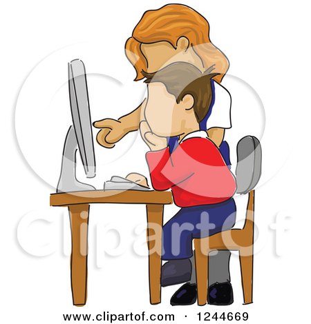 Clipart of a Sketched Teacher and School Boy Working in a Computer Lab - Royalty Free Vector Illustration by David Rey