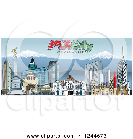 Clipart of a Skyline of Mexico City with Mountains and Text - Royalty Free Vector Illustration by David Rey