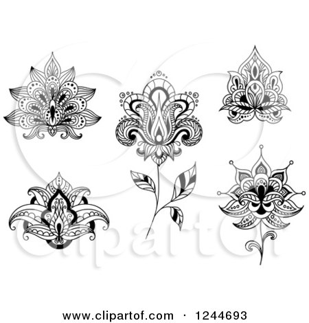Clipart of Black and White Henna Flowers 4 - Royalty Free Vector Illustration by Vector Tradition SM