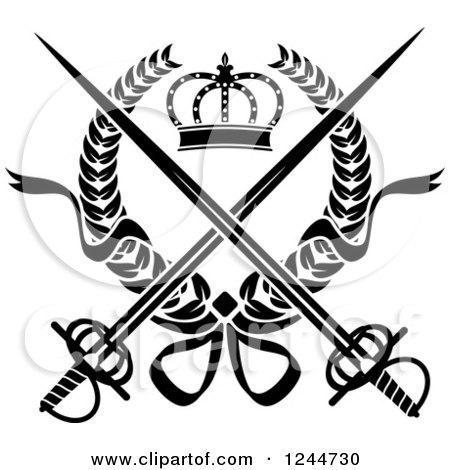 Clipart of a Black and White Crown and Crossed Swords in a Laurel Wreath - Royalty Free Vector Illustration by Vector Tradition SM