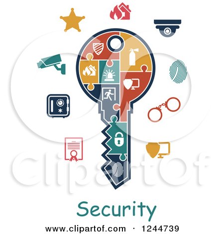 Clipart of a Jigsaw Puzzle Key with Security Icons - Royalty Free Vector Illustration by Vector Tradition SM