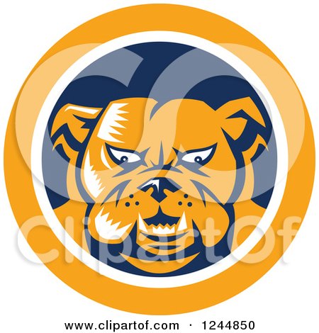 Clipart of a Retro Woodcut Angry Bulldog in a Blue and Yellow Circle - Royalty Free Vector Illustration by patrimonio