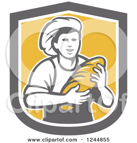 Clipart of a Retro Female Baker Holding Bread in a Shield - Royalty Free Vector Illustration by patrimonio