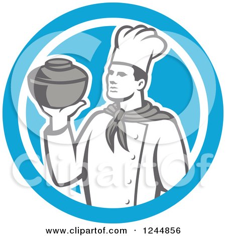 Clipart of a Retro Male Chef Holding a Pot in a Blue Circle - Royalty Free Vector Illustration by patrimonio