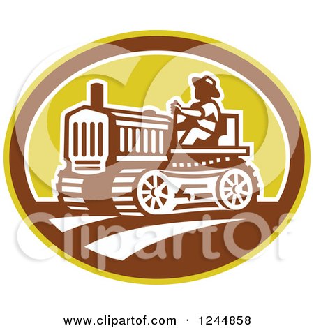 Clipart of a Retro Farmer Driving a Tractor in an Oval - Royalty Free Vector Illustration by patrimonio