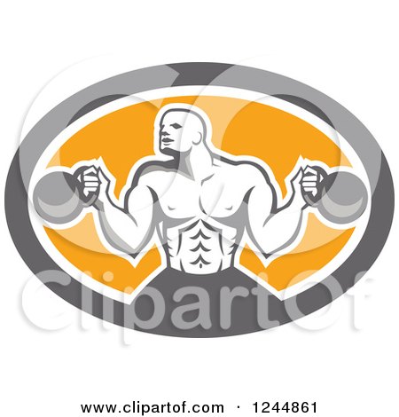 Clipart of a Retro Male Bodybuilder Working out with Kettlebells in an Oval - Royalty Free Vector Illustration by patrimonio