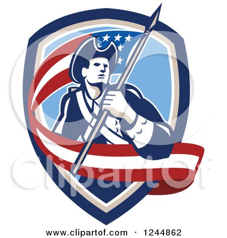Clipart of a Retro American Revolutionary Soldier Patriot Minuteman with a Long Flag in a Crest - Royalty Free Vector Illustration by patrimonio