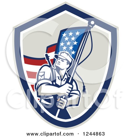 Clipart of a Retro Male Soldier Waving an American Flag in a Shield - Royalty Free Vector Illustration by patrimonio