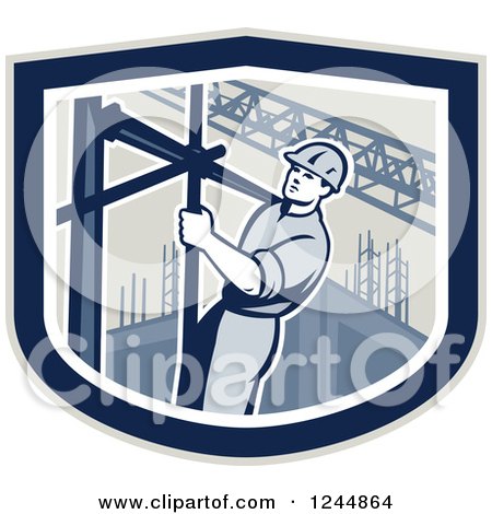 Clipart of a Retro Male Construction Worker Climbing Scaffolding in a Shield - Royalty Free Vector Illustration by patrimonio