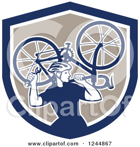Clipart of a Retro Male Cyclist Repair Man Holdig up a Bike in a Shield - Royalty Free Vector Illustration by patrimonio