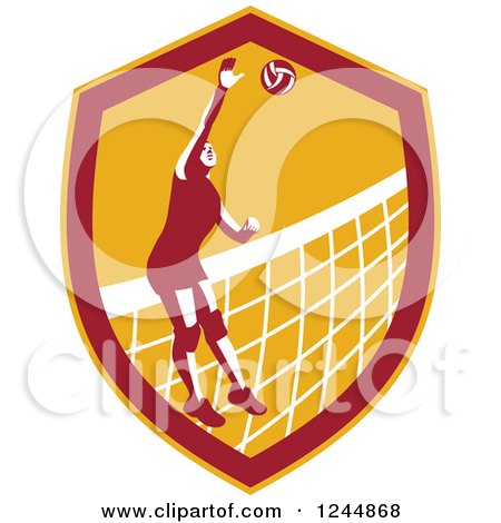 Clipart of a Female Volleyball Player Spiking a Ball in a Shield - Royalty Free Vector Illustration by patrimonio