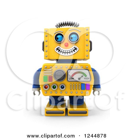 Clipart of a 3d Grinning Yellow Robot Glancing to the Left - Royalty Free Illustration by stockillustrations