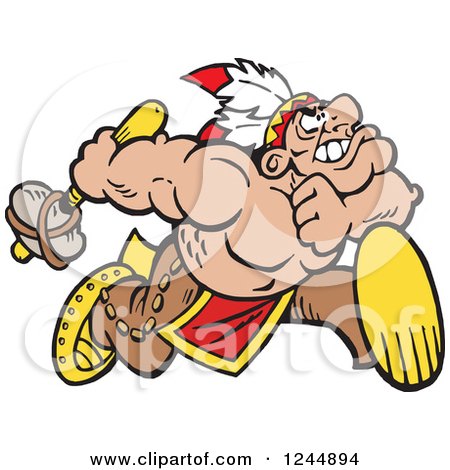 Clipart of a Native American Indian Brave Running with a Weapon - Royalty Free Vector Illustration by Johnny Sajem