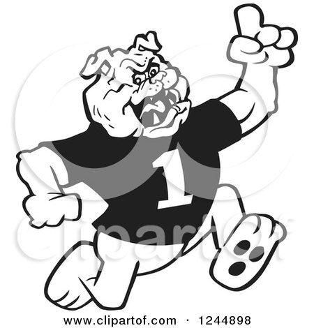 Clipart of a Black and White Running Victorious Bulldog - Royalty Free Vector Illustration by Johnny Sajem