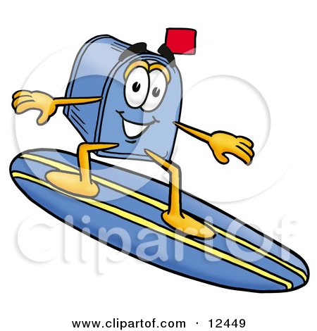 Clipart Picture of a Blue Postal Mailbox Cartoon Character Surfing on a Blue and Yellow Surfboard by Mascot Junction