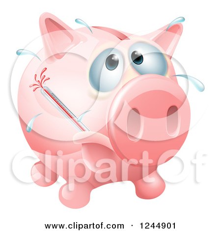 Clipart of a Sick Piggy Bank with a Fever and Bursting Thermometer - Royalty Free Vector Illustration by AtStockIllustration