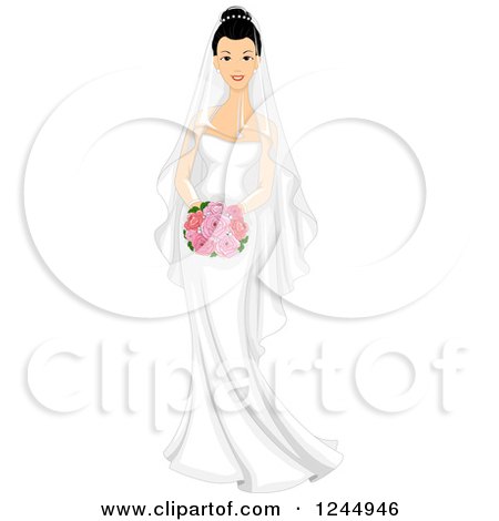 Clipart of a Beautiful Asian Bride Holding a Bouquet - Royalty Free Vector Illustration by BNP Design Studio
