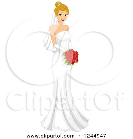 Clipart of a Beautiful Blond Bride Holding a Red Bouquet - Royalty Free Vector Illustration by BNP Design Studio