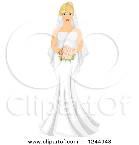 Clipart of a Beautiful Pudgy Blond Bride Holding a Red Bouquet - Royalty Free Vector Illustration by BNP Design Studio